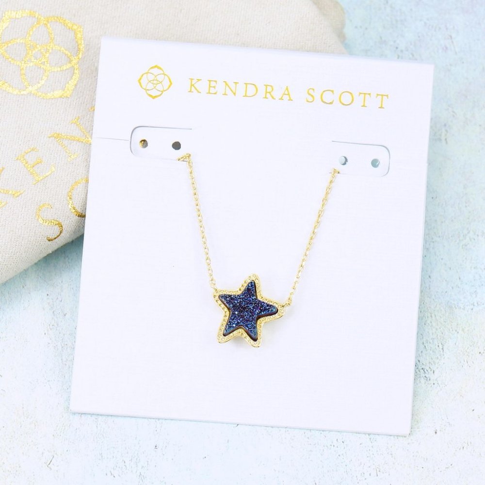 Kendra Scott Jae Star Blue Drusy Necklace Gold Plated - Picture 2 of 6
